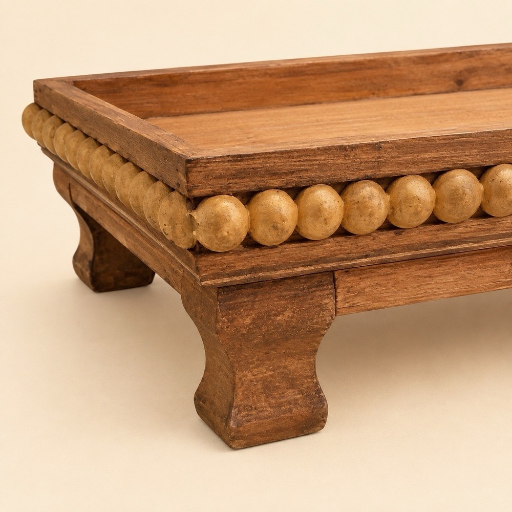 Rustic Primitive Wooden Display Tray Raised Riser Beaded Trim Farmhouse Country